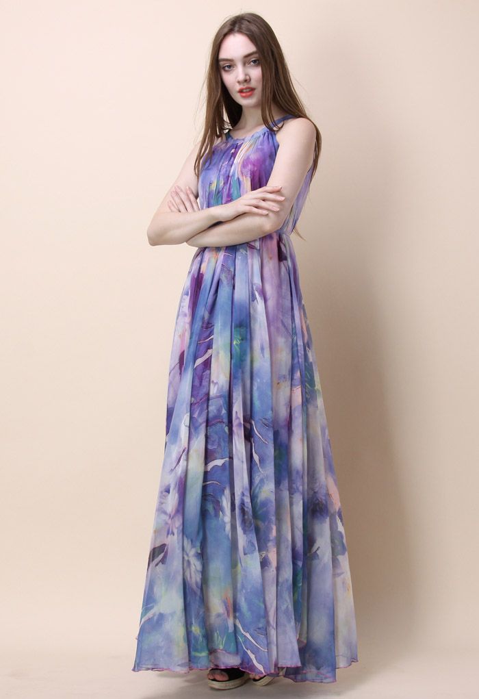 Floral Watercolor Maxi Slip Dress in Violet