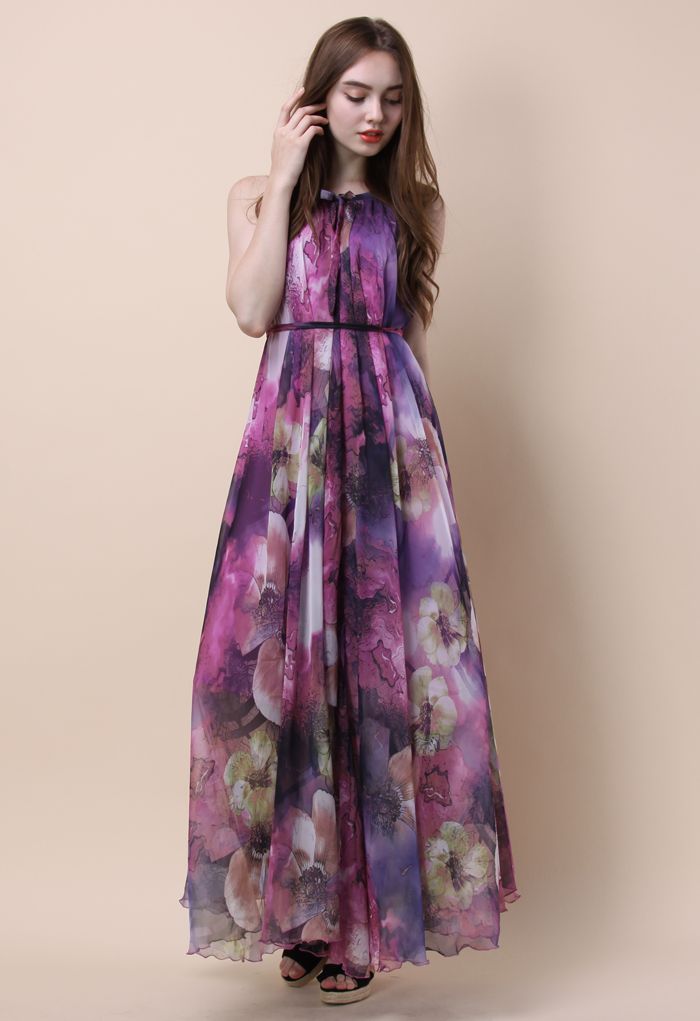 Mysterious Purple Floral Maxi Slip Dress 