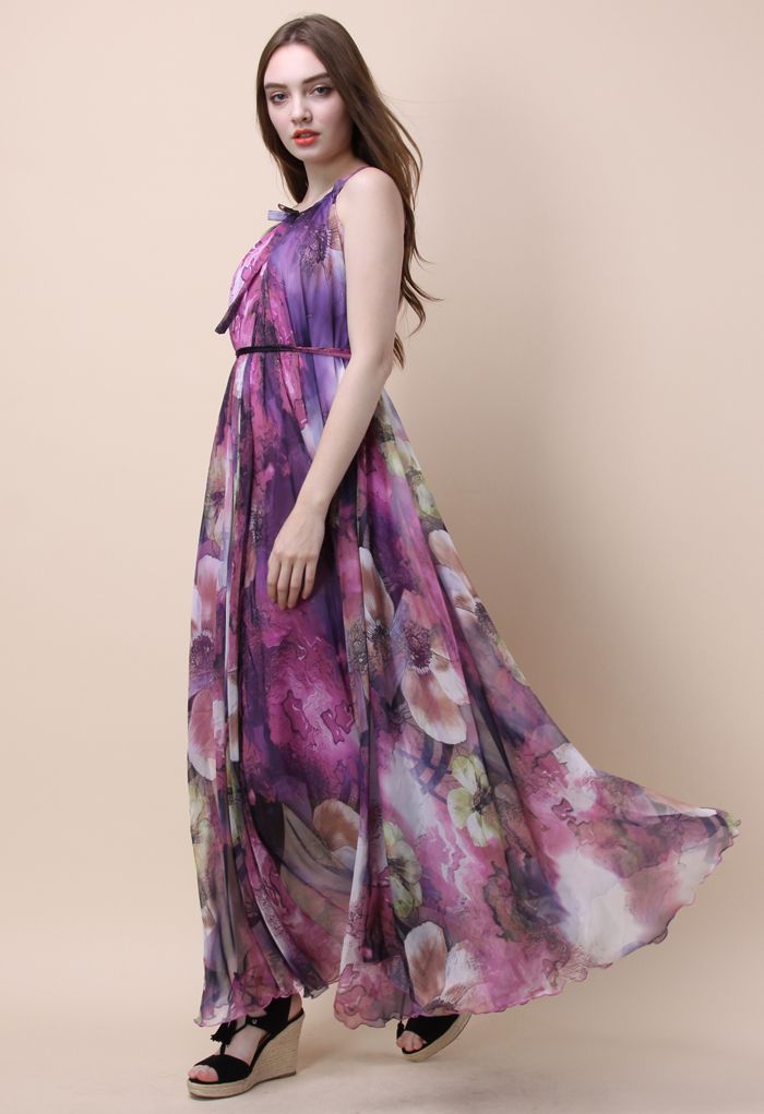 Mysterious Purple Floral Maxi Slip Dress 