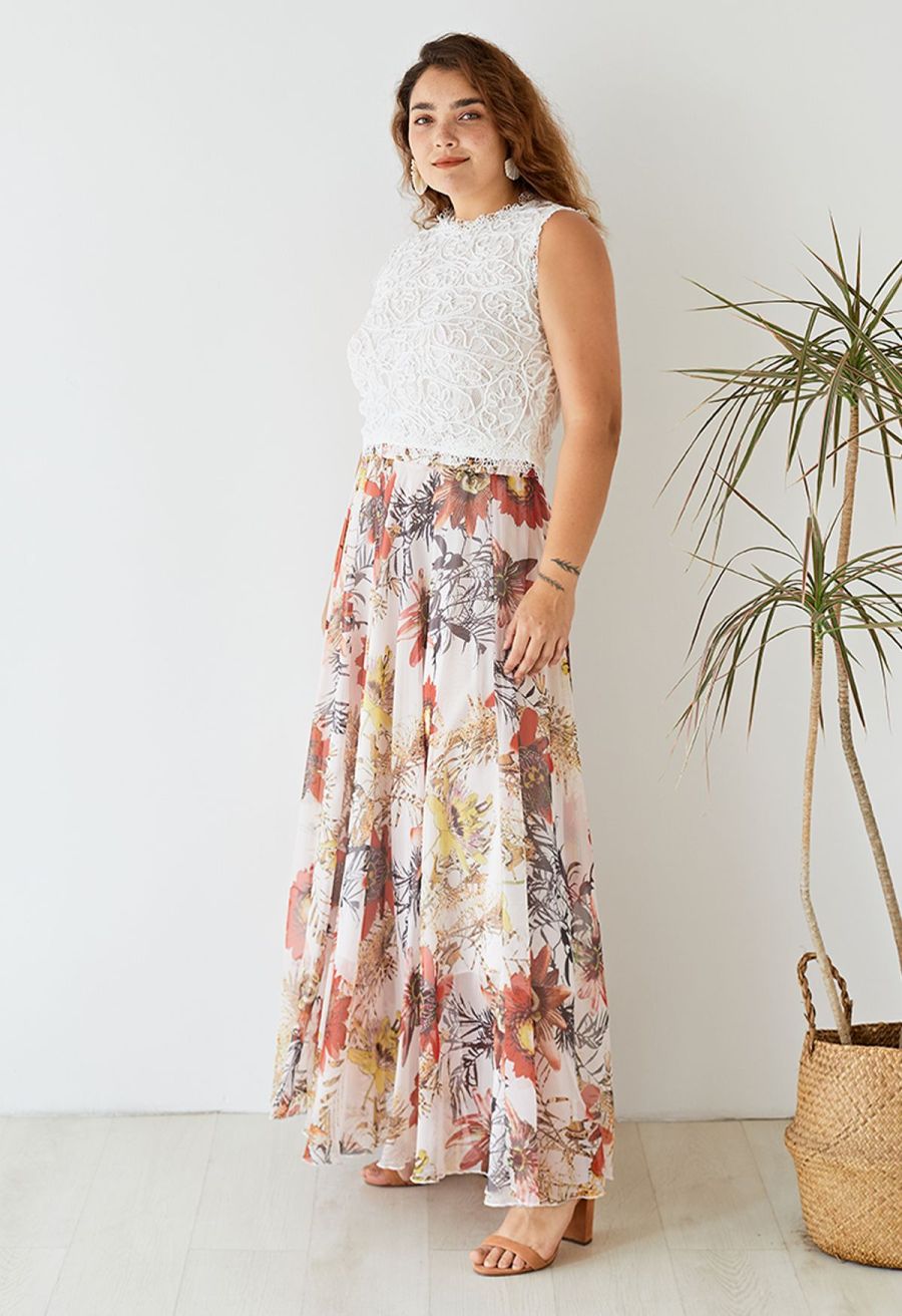 Red Floral Blossom Maxi Skirt 