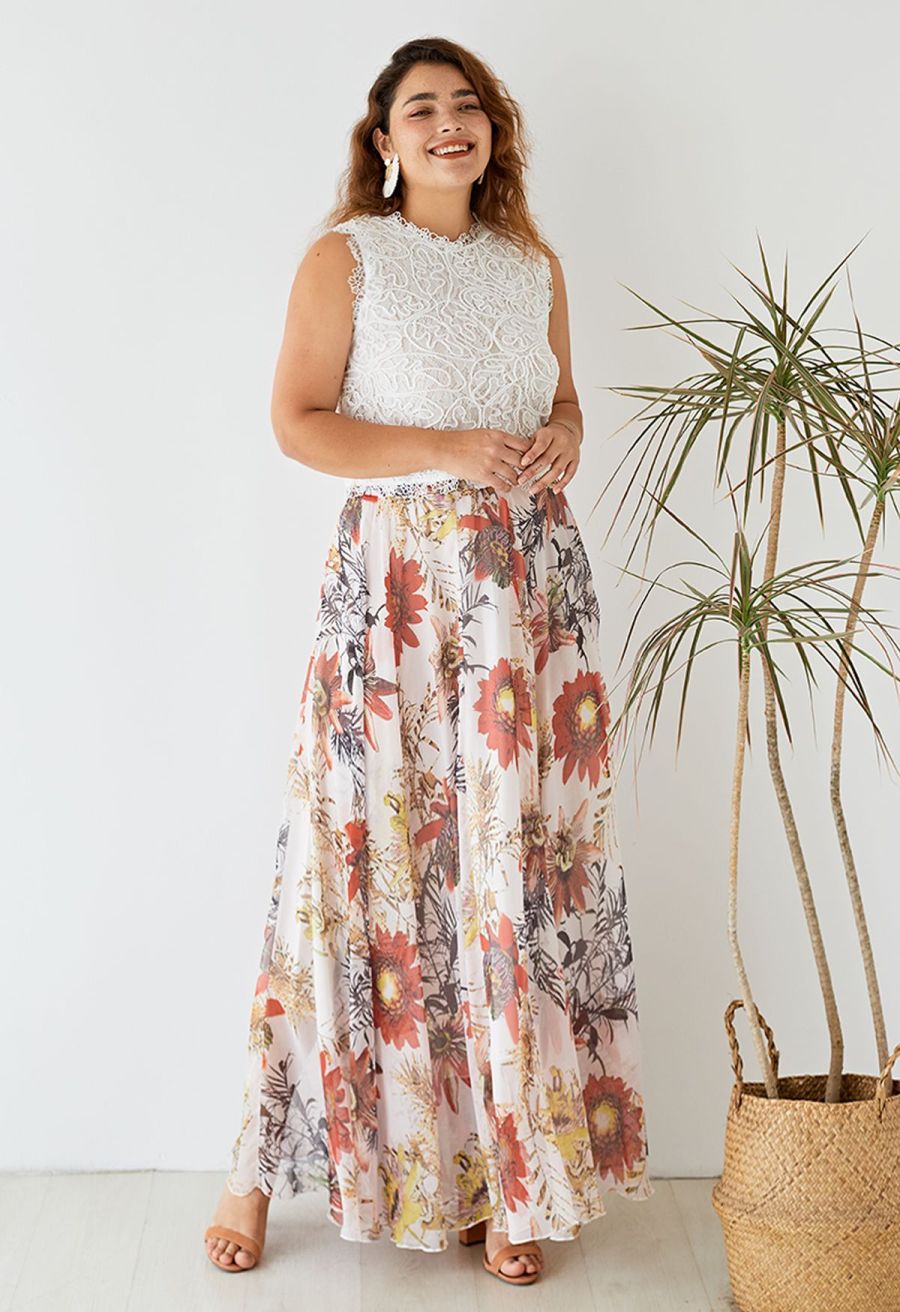 Red Floral Blossom Maxi Skirt 