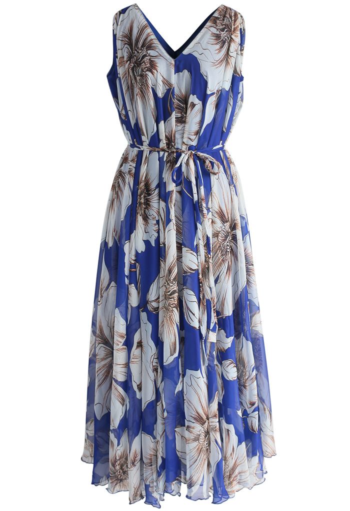 Marvelous Floral Chiffon Maxi Dress in Blue