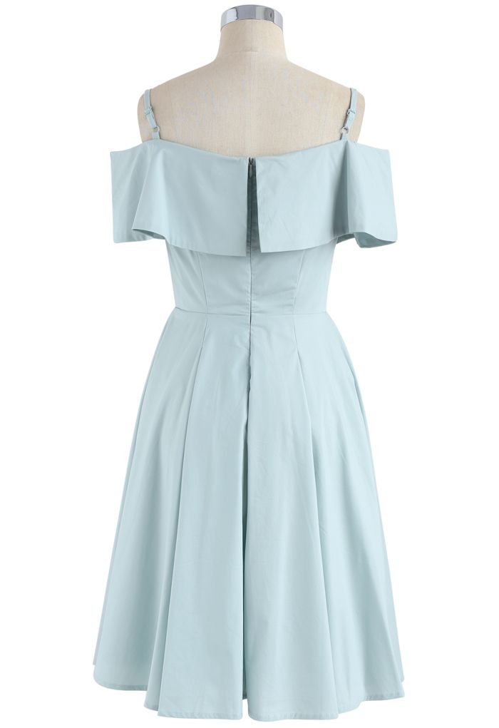 Appealing Sweet Frilling Cold-Shoulder Flap Dress in Mint