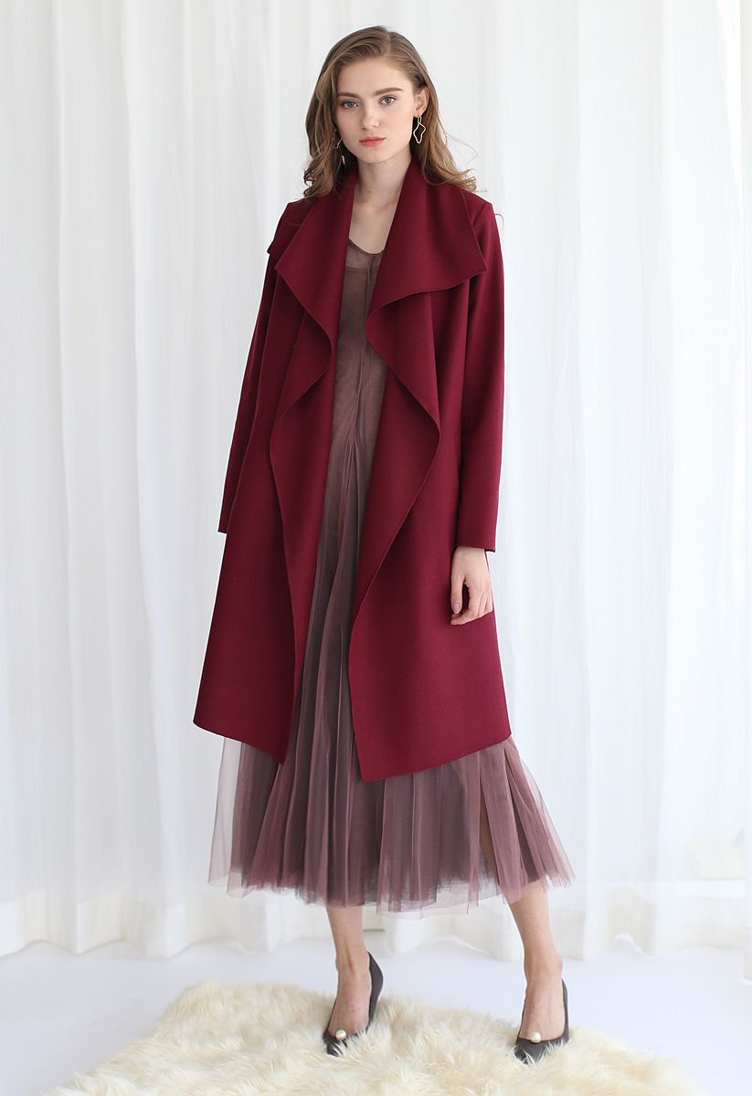 Free Myself Open Front Wool-Blend Coat in Wine