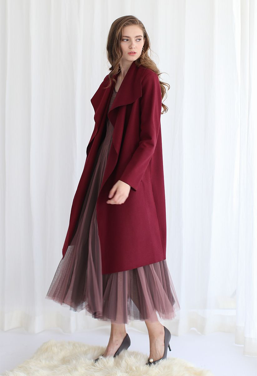 Free Myself Open Front Wool-Blend Coat in Wine