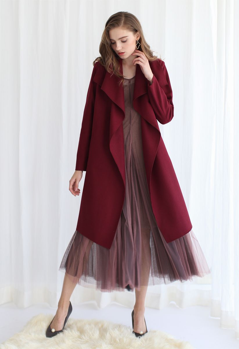 Free Myself Open Front Wool-Blend Coat in Wine