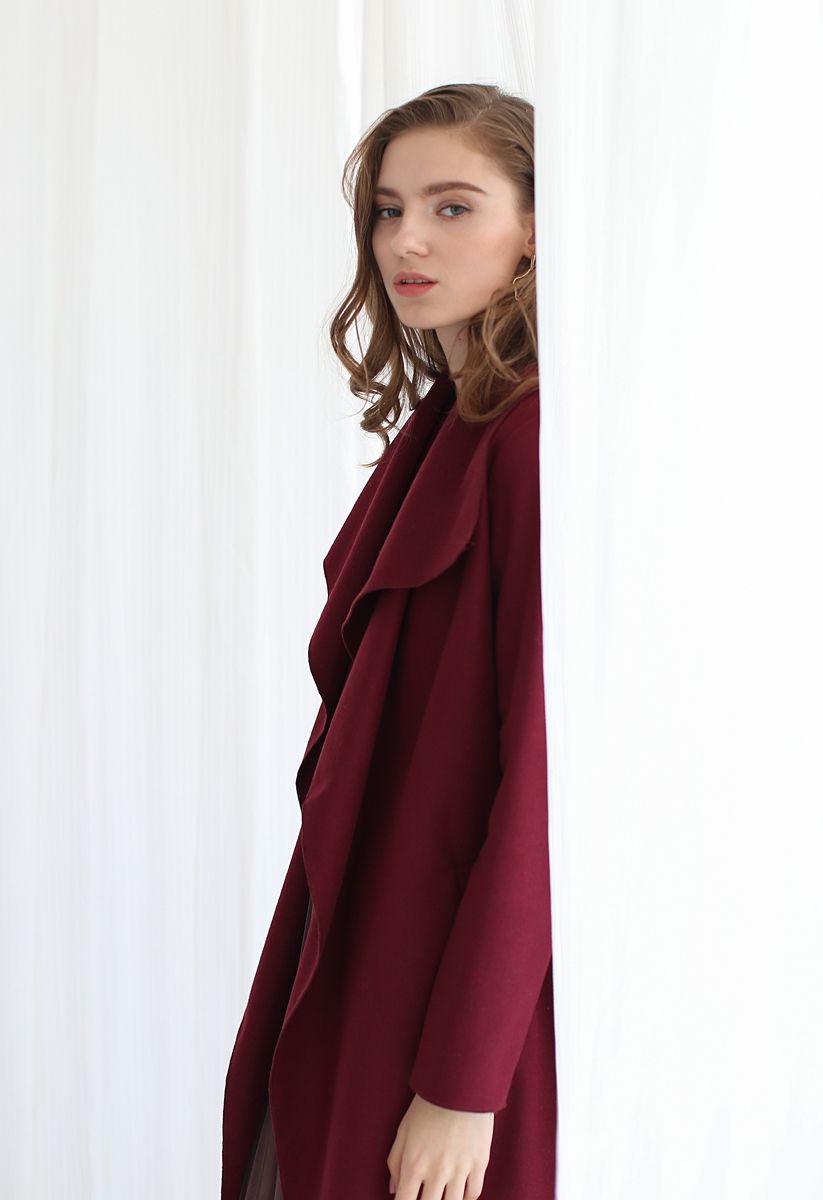 Free Myself Open Front Wool-Blend Coat in Wine