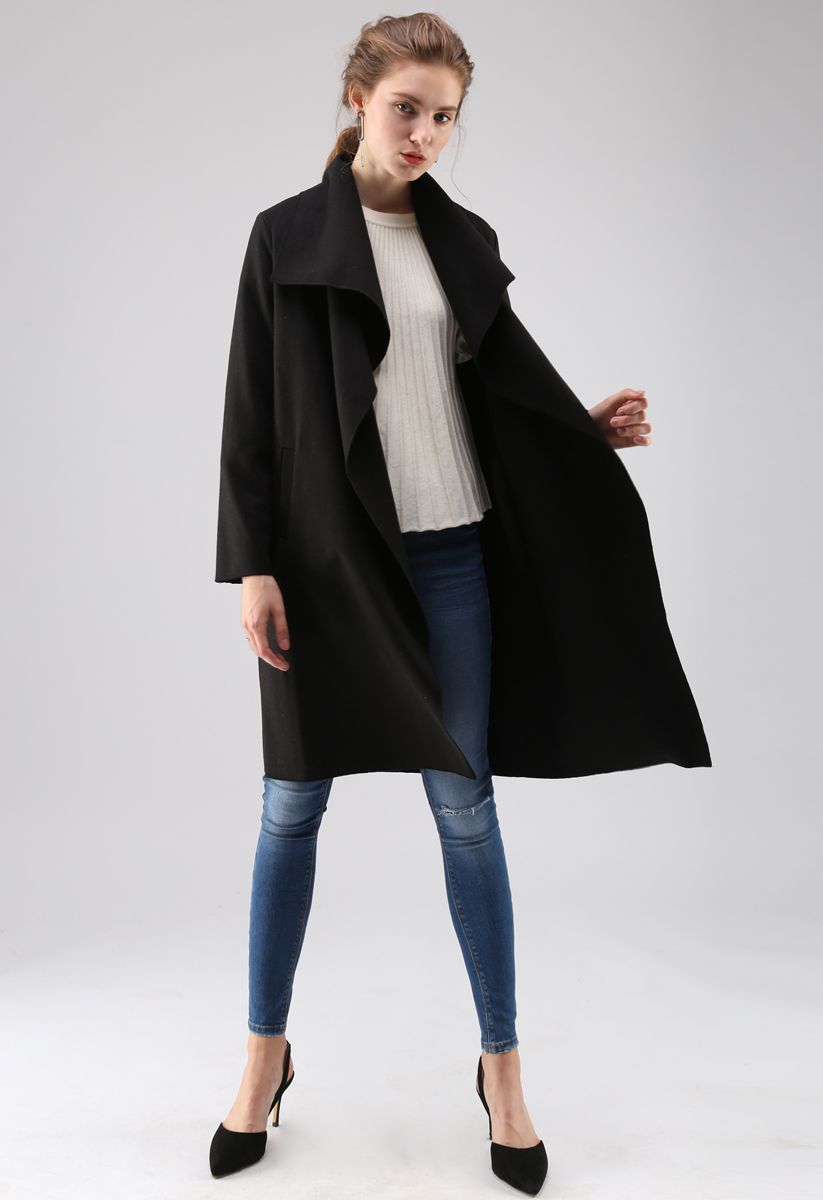 Free Myself Open Front Wool-Blend Coat in Black