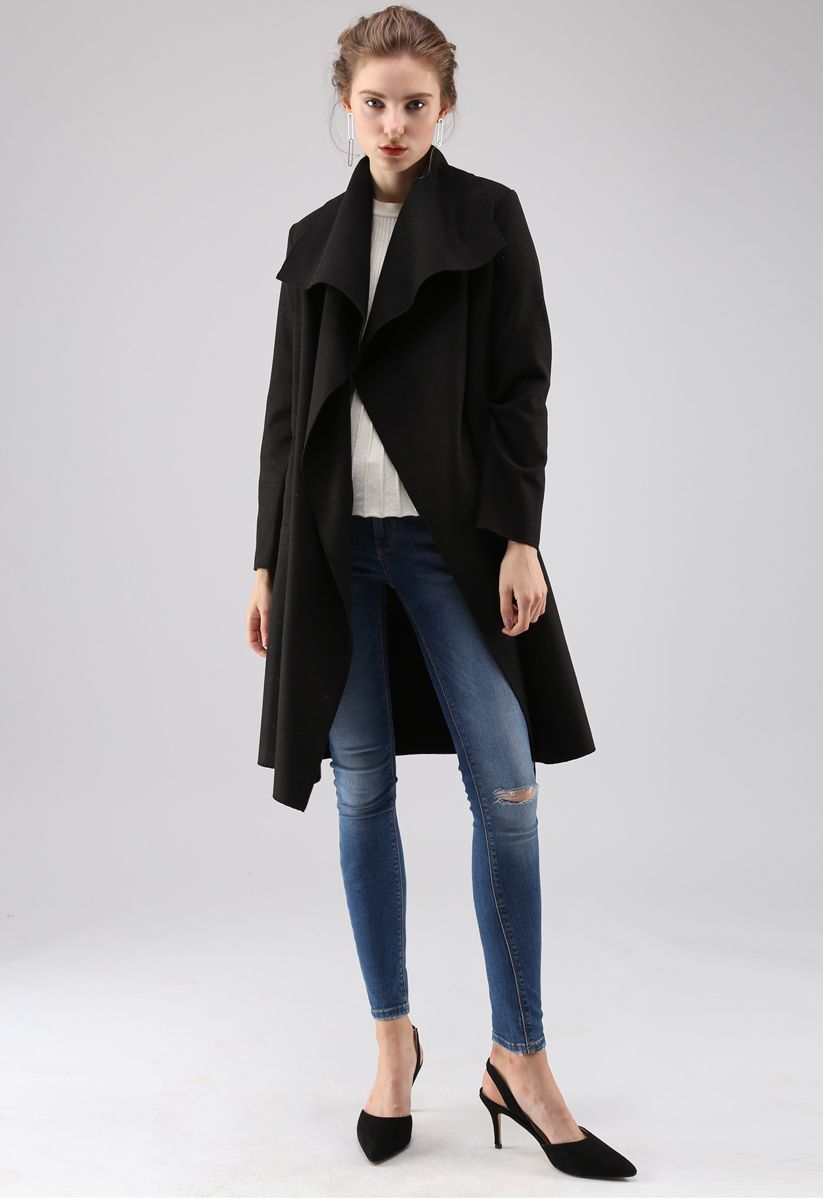 Free Myself Open Front Wool-Blend Coat in Black