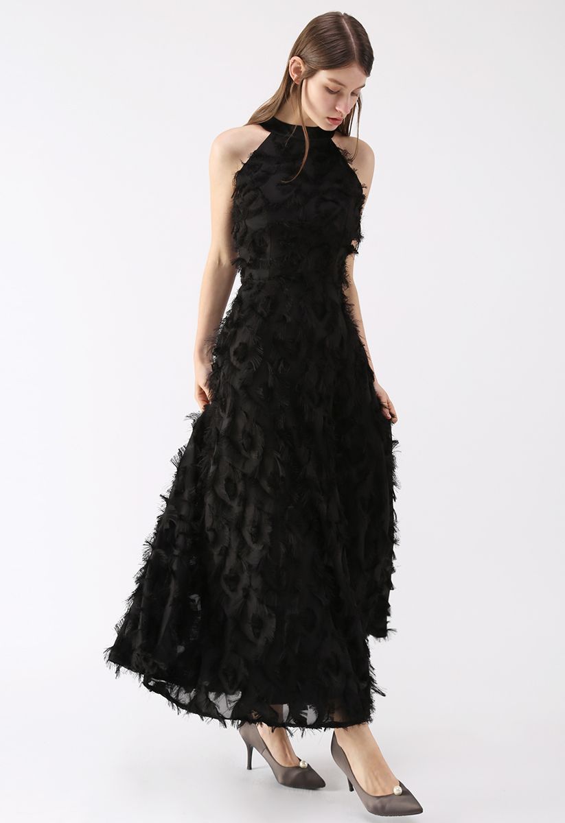 Dancing Feathers Tassel Halter Neck Maxi Dress in Black