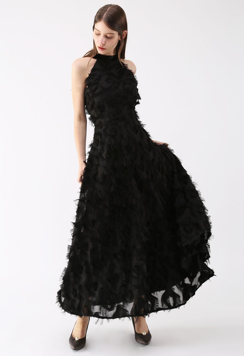 Dancing Feathers Tassel Halter Neck Maxi Dress in Black