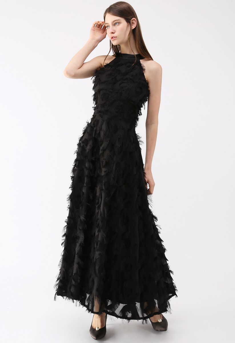 Dancing Feathers Tassel Halter Neck Maxi Dress in Black