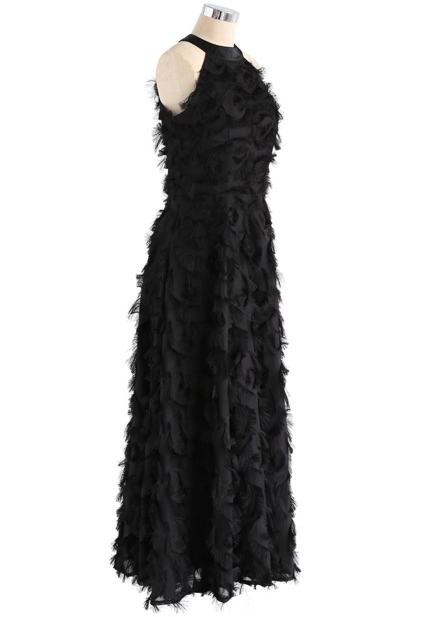 Dancing Feathers Tassel Halter Neck Maxi Dress in Black