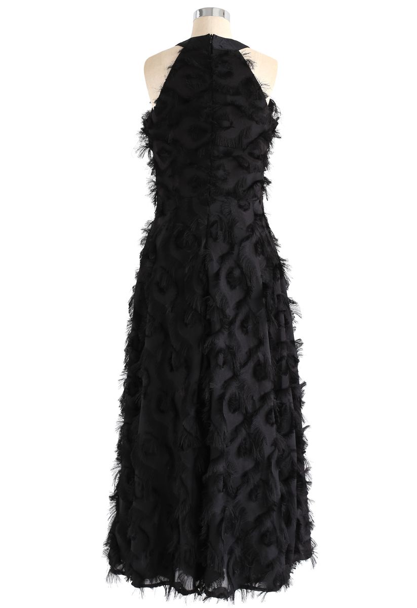 Dancing Feathers Tassel Halter Neck Maxi Dress in Black