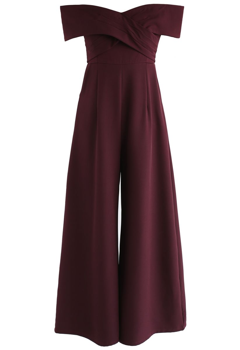 Eternal Sweet Cross Breast Off-Shoulder Jumpsuit in Wine