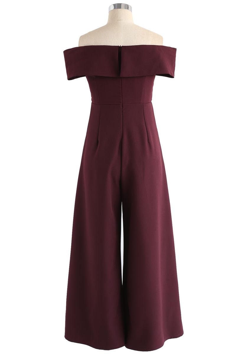 Eternal Sweet Cross Breast Off-Shoulder Jumpsuit in Wine