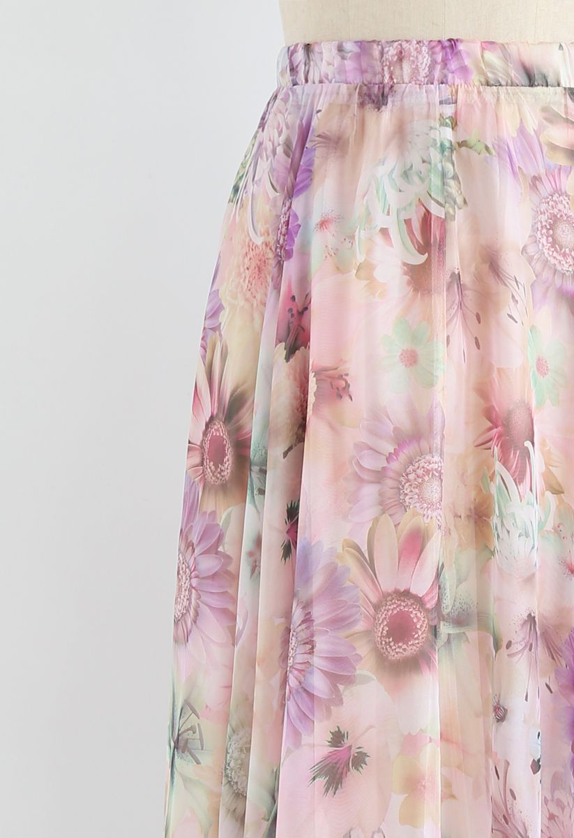 Sunflower Blossom Watercolor Chiffon Maxi Skirt in Pink