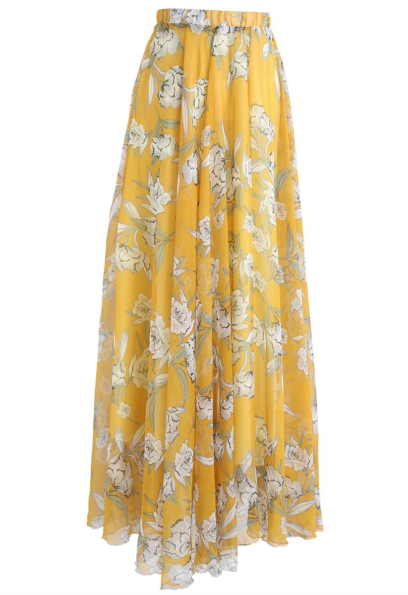 Flower Season Chiffon Maxi Skirt in Yellow