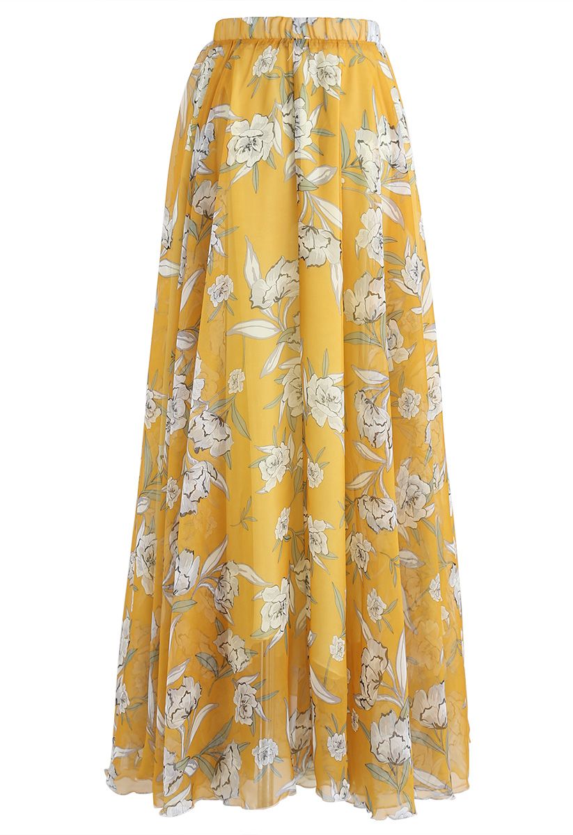 Flower Season Chiffon Maxi Skirt in Yellow