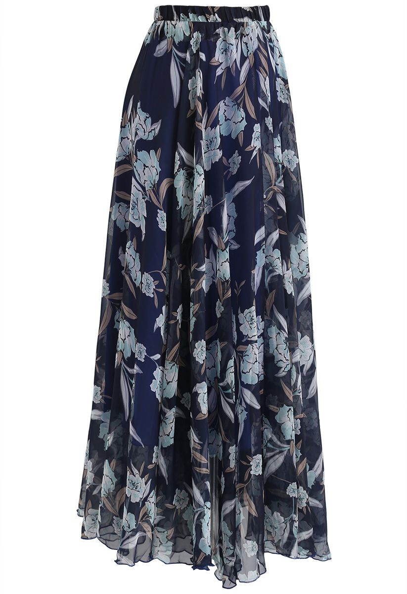Flower Season Chiffon Maxi Skirt in Navy