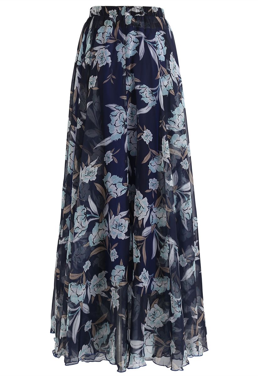Flower Season Chiffon Maxi Skirt in Navy