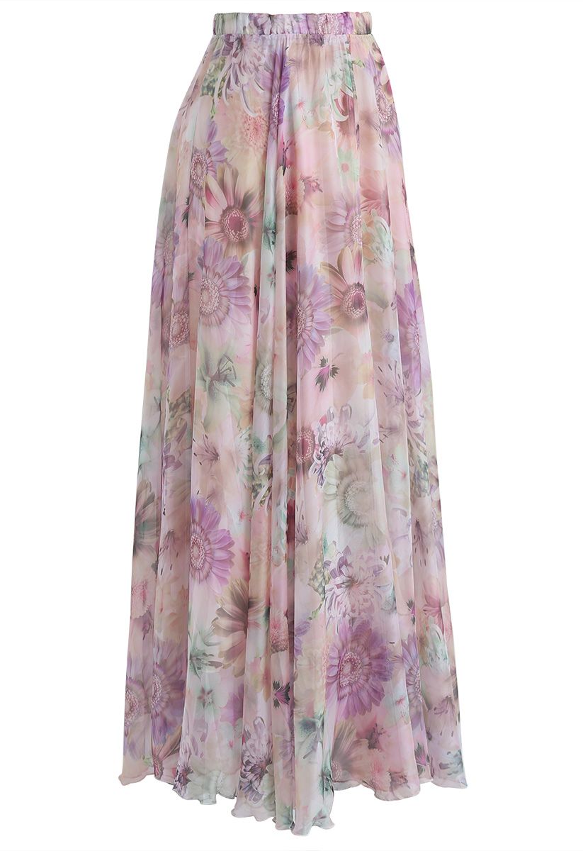 Sunflower Blossom Watercolor Chiffon Maxi Skirt in Pink