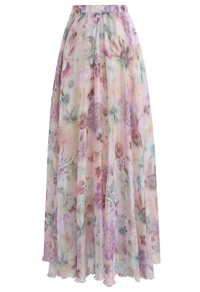 Sunflower Blossom Watercolor Chiffon Maxi Skirt in Pink