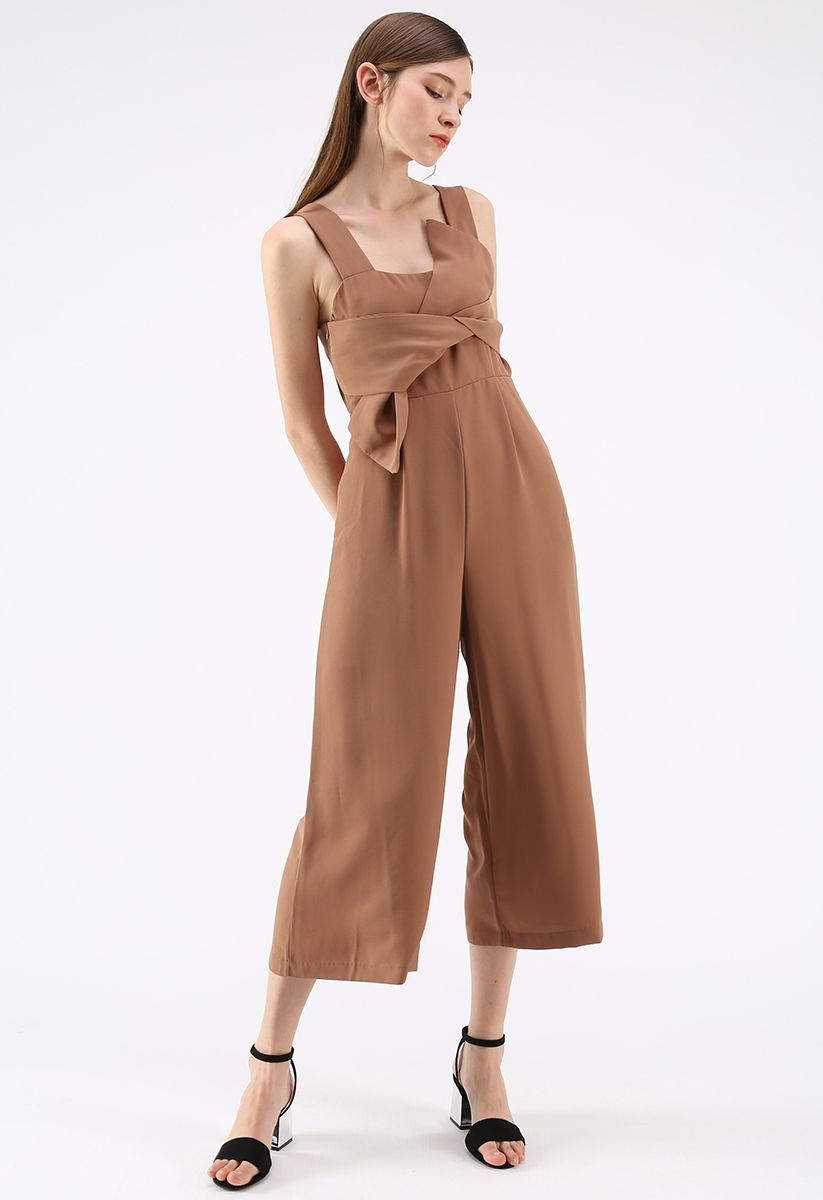Gracefulness Bowknot Jumpsuit in Caramel