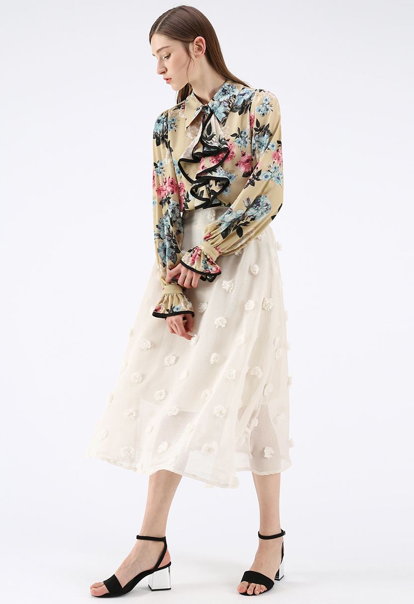 Cotton Candy Sheer 3D Flower Skirt in Cream