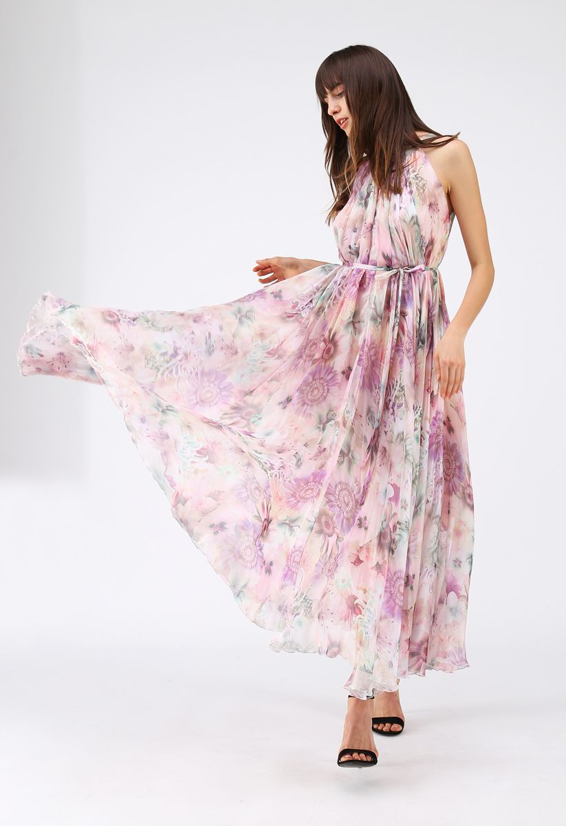 Sunflower Blossom Watercolor Chiffon Maxi Slip Dress