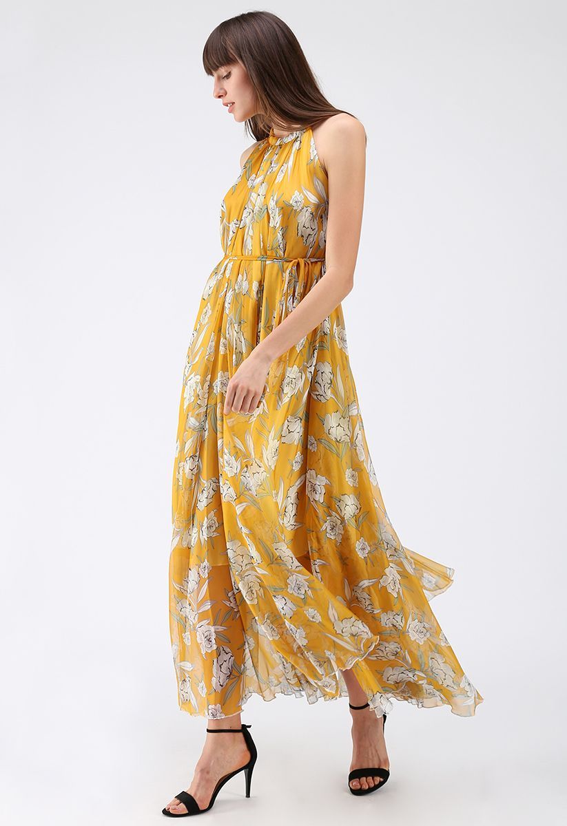 Flower Season Chiffon Maxi Slip Dress in Yellow