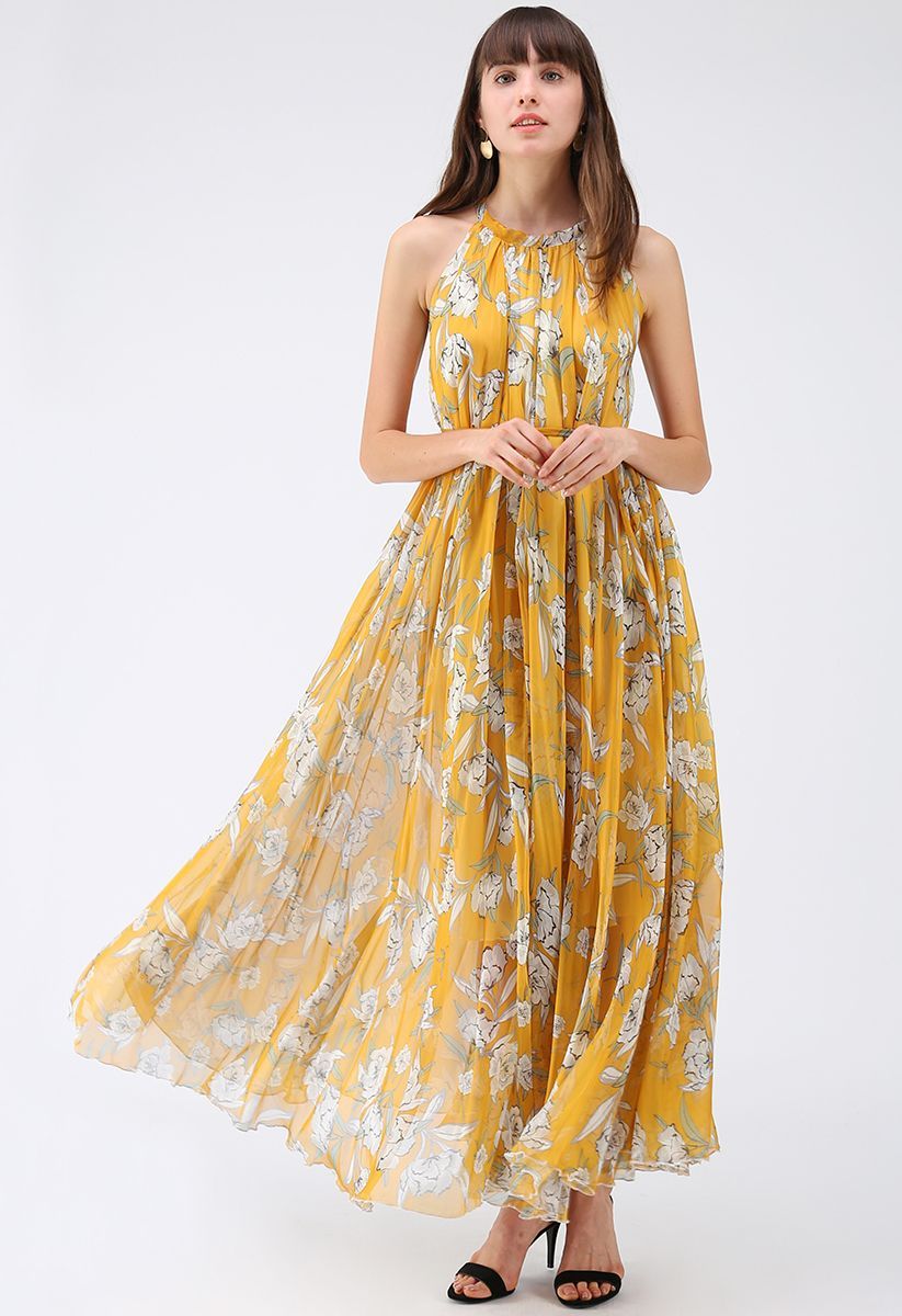 Flower Season Chiffon Maxi Slip Dress in Yellow