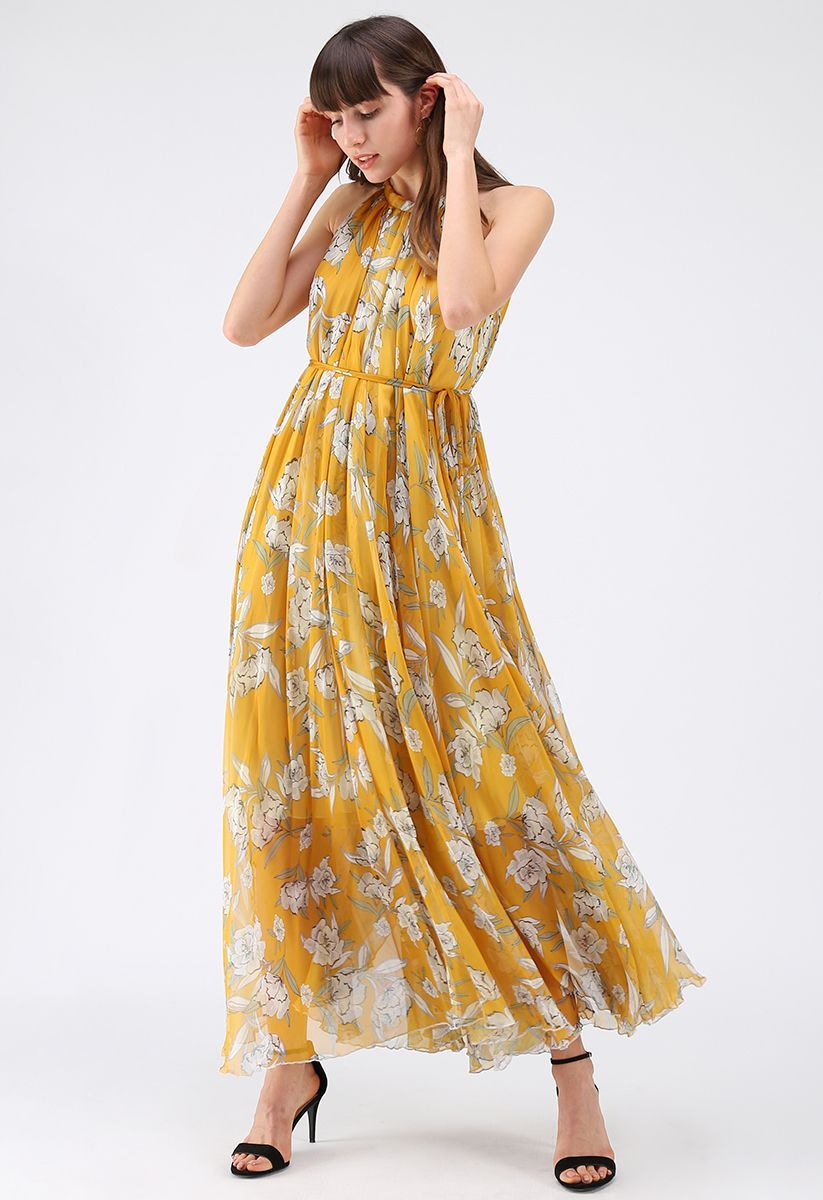 Flower Season Chiffon Maxi Slip Dress in Yellow