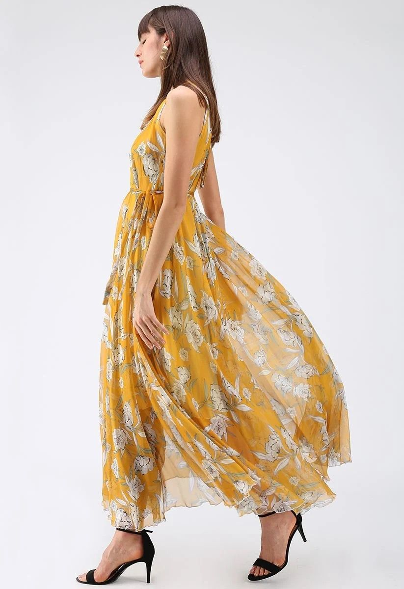 Flower Season Chiffon Maxi Slip Dress in Yellow