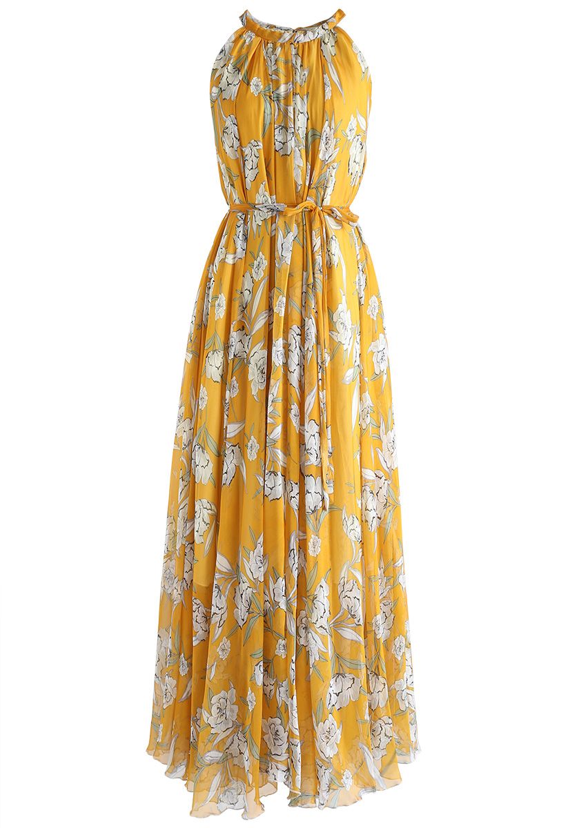Flower Season Chiffon Maxi Slip Dress in Yellow