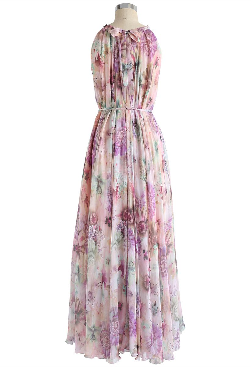 Sunflower Blossom Watercolor Chiffon Maxi Slip Dress