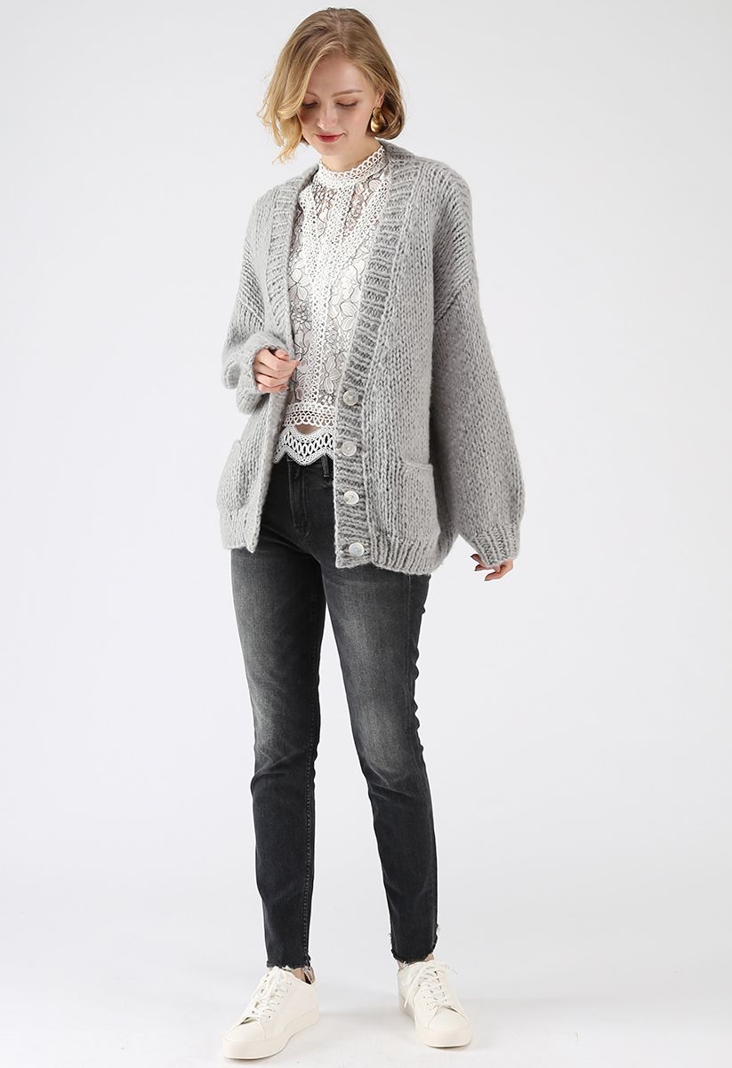 Pause for the Cozy Chunky Hand Knit Cardigan in Grey