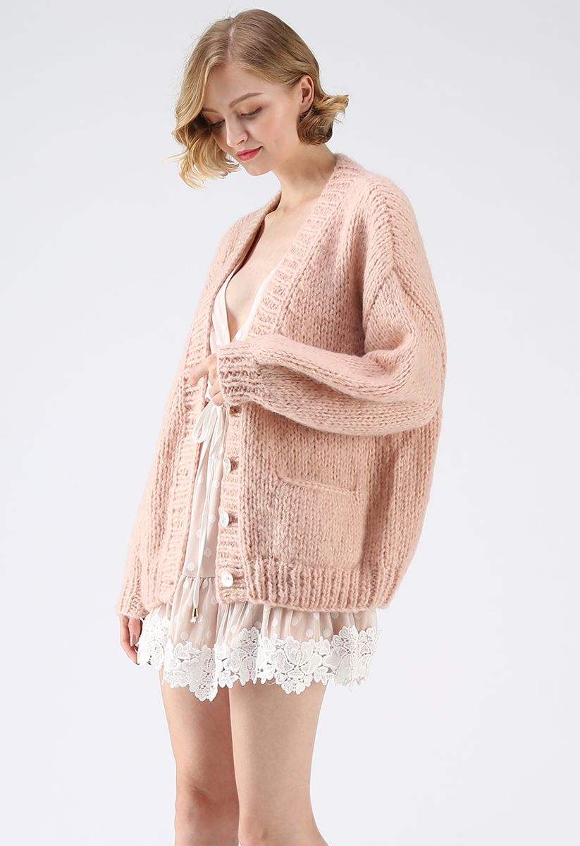 Pause for the Cozy Chunky Hand Knit Cardigan in Pink
