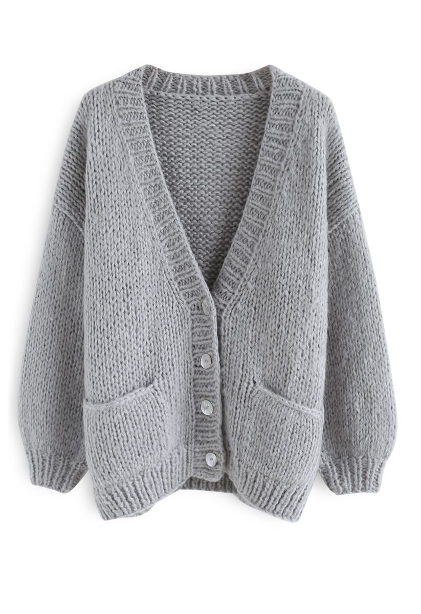 Pause for the Cozy Chunky Hand Knit Cardigan in Grey