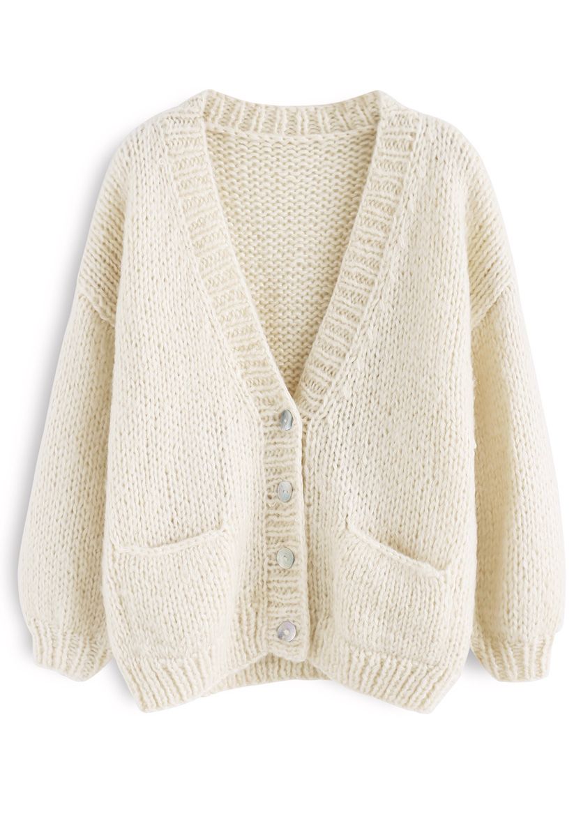 Pause for the Cozy Chunky Hand Knit Cardigan in Cream