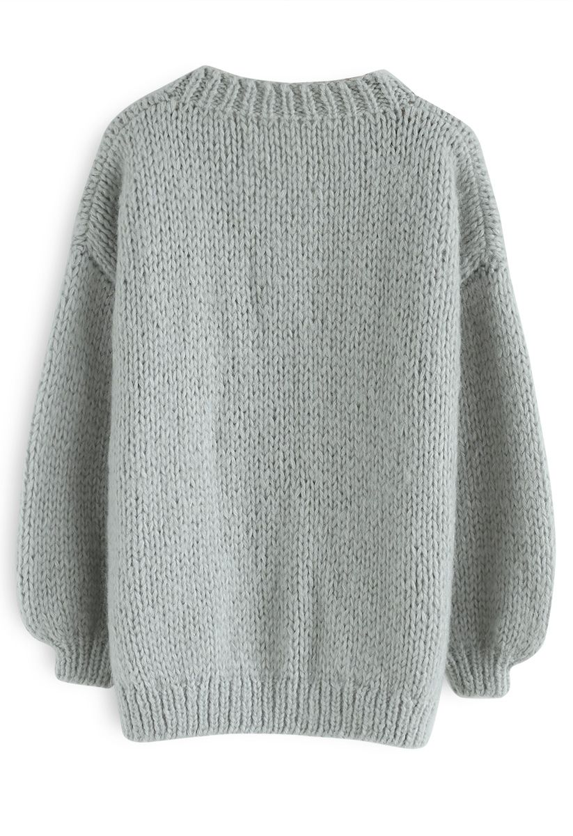 Pause for the Cozy Chunky Hand Knit Cardigan in Mint