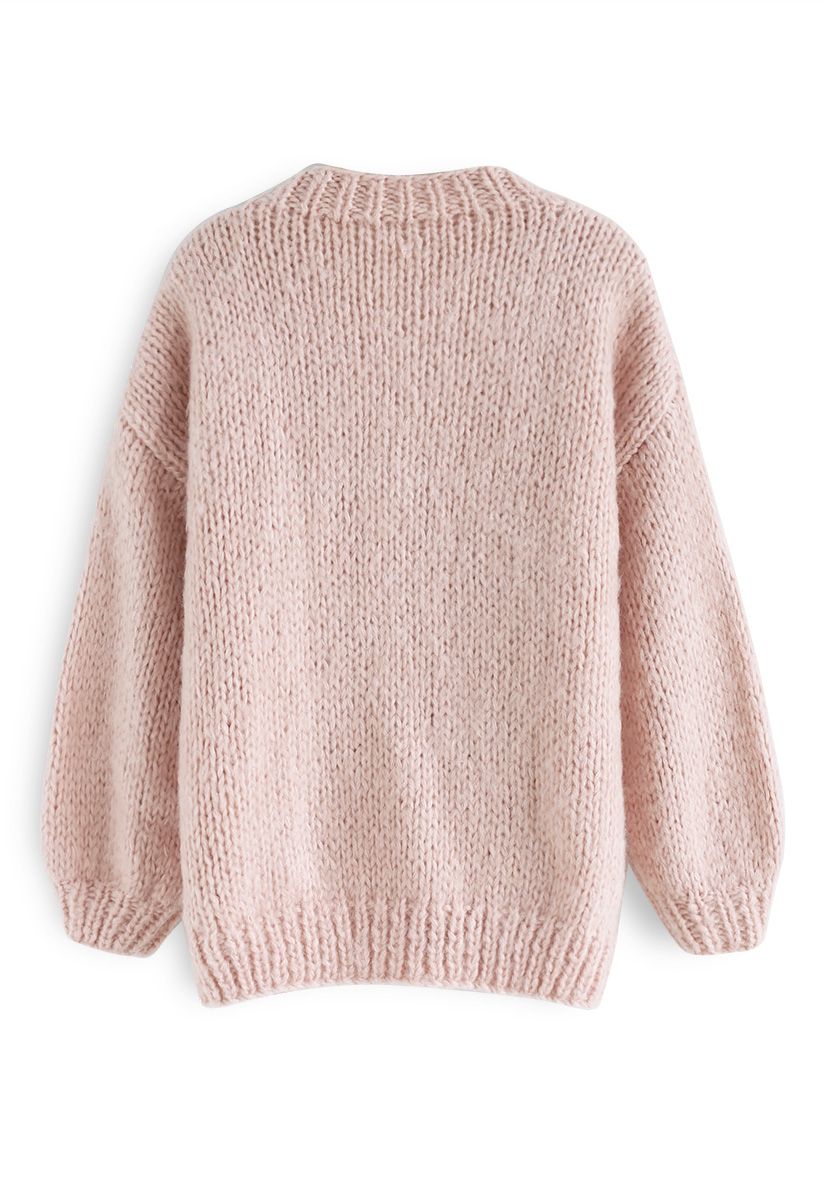 Pause for the Cozy Chunky Hand Knit Cardigan in Pink