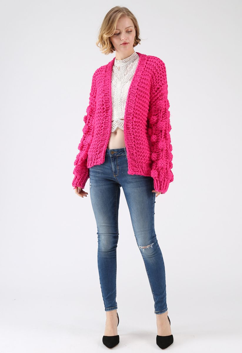 Cuteness on Sleeves Chunky Cardigan in Hot Pink