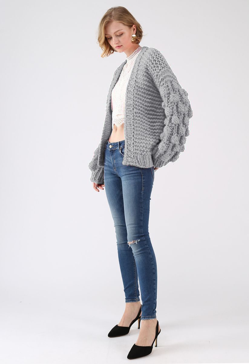 Cuteness on Sleeves Chunky Cardigan in Grey