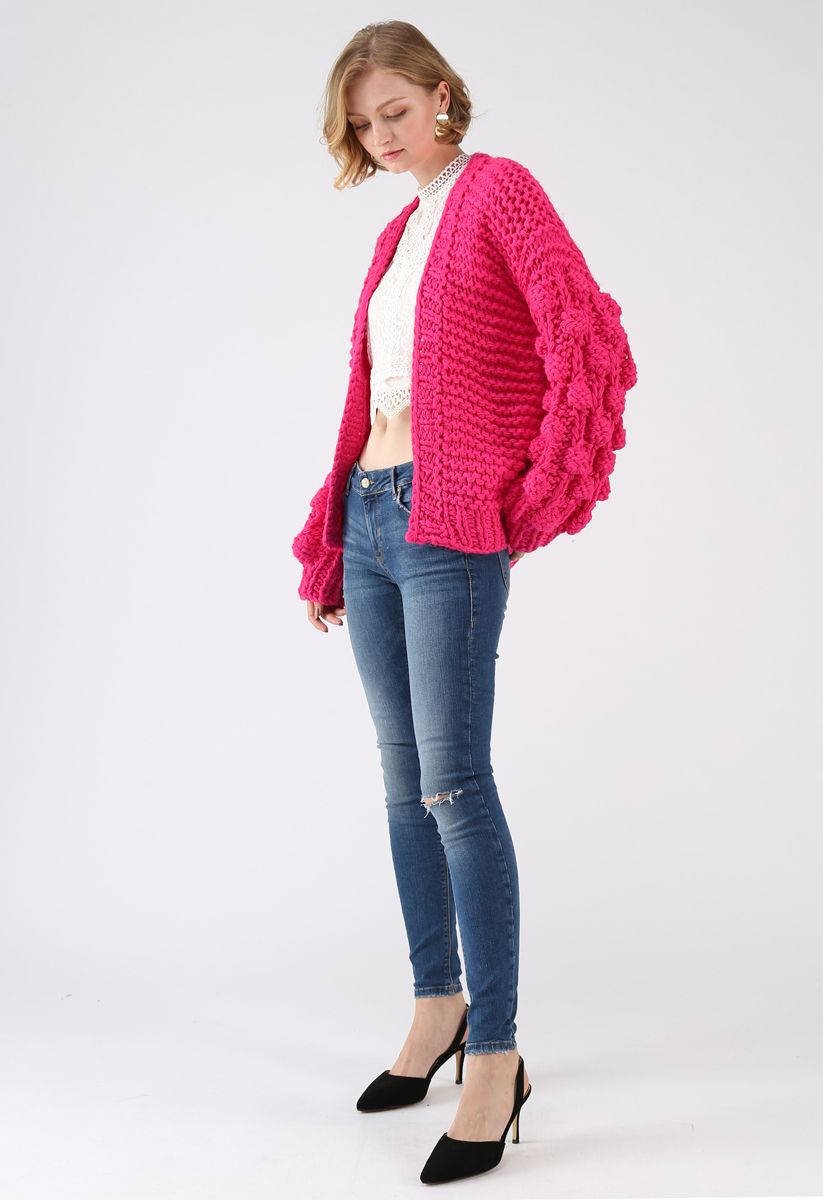 Cuteness on Sleeves Chunky Cardigan in Hot Pink