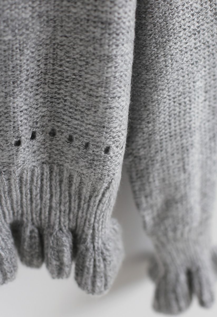 Knit a Chance V-Neck Frilling Sweater in Grey