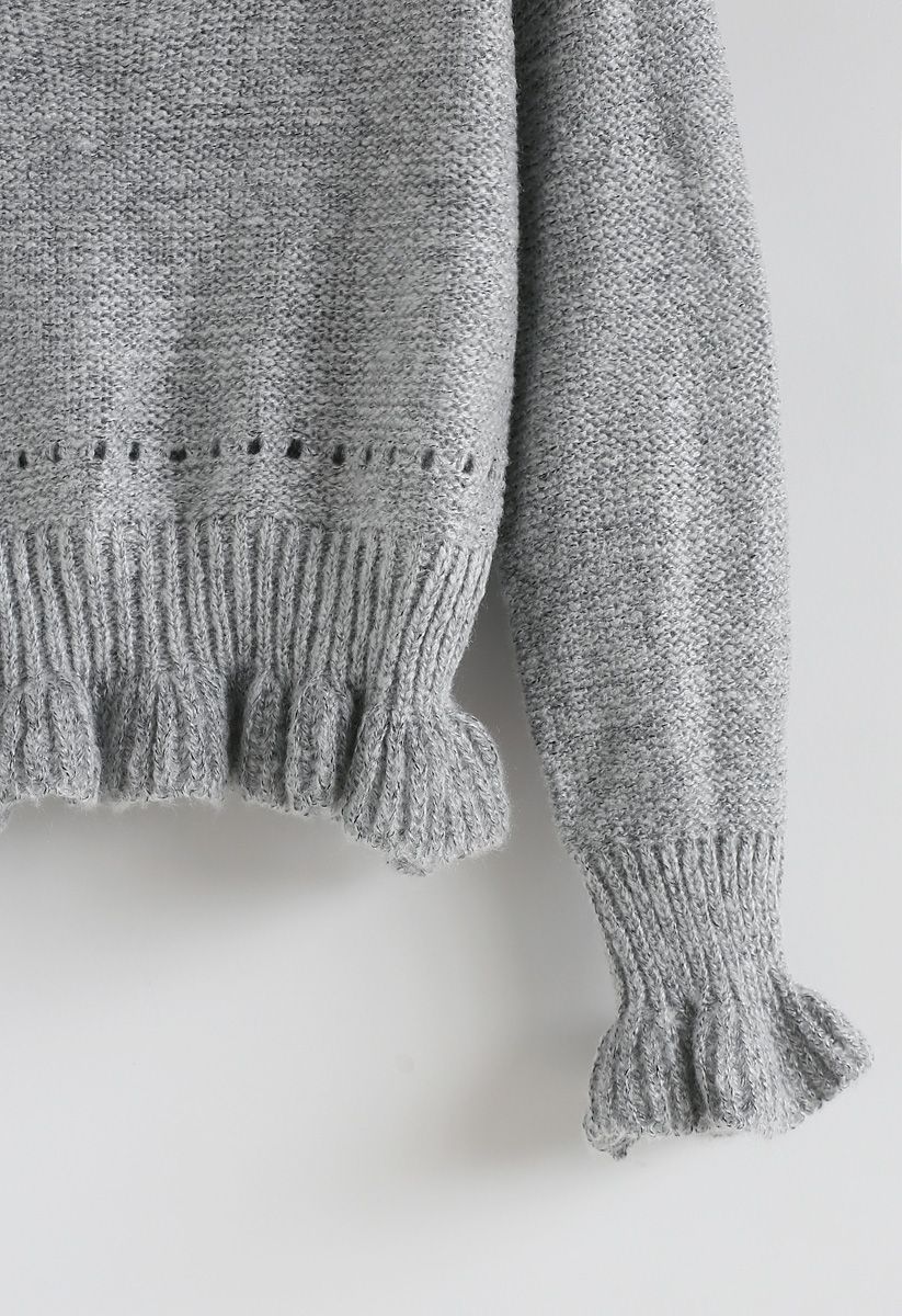 Knit a Chance V-Neck Frilling Sweater in Grey