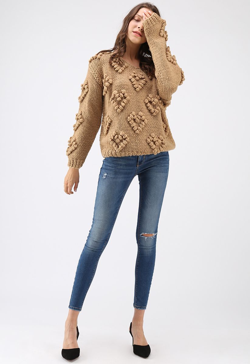 Knit Your Love V-Neck Sweater in Tan
