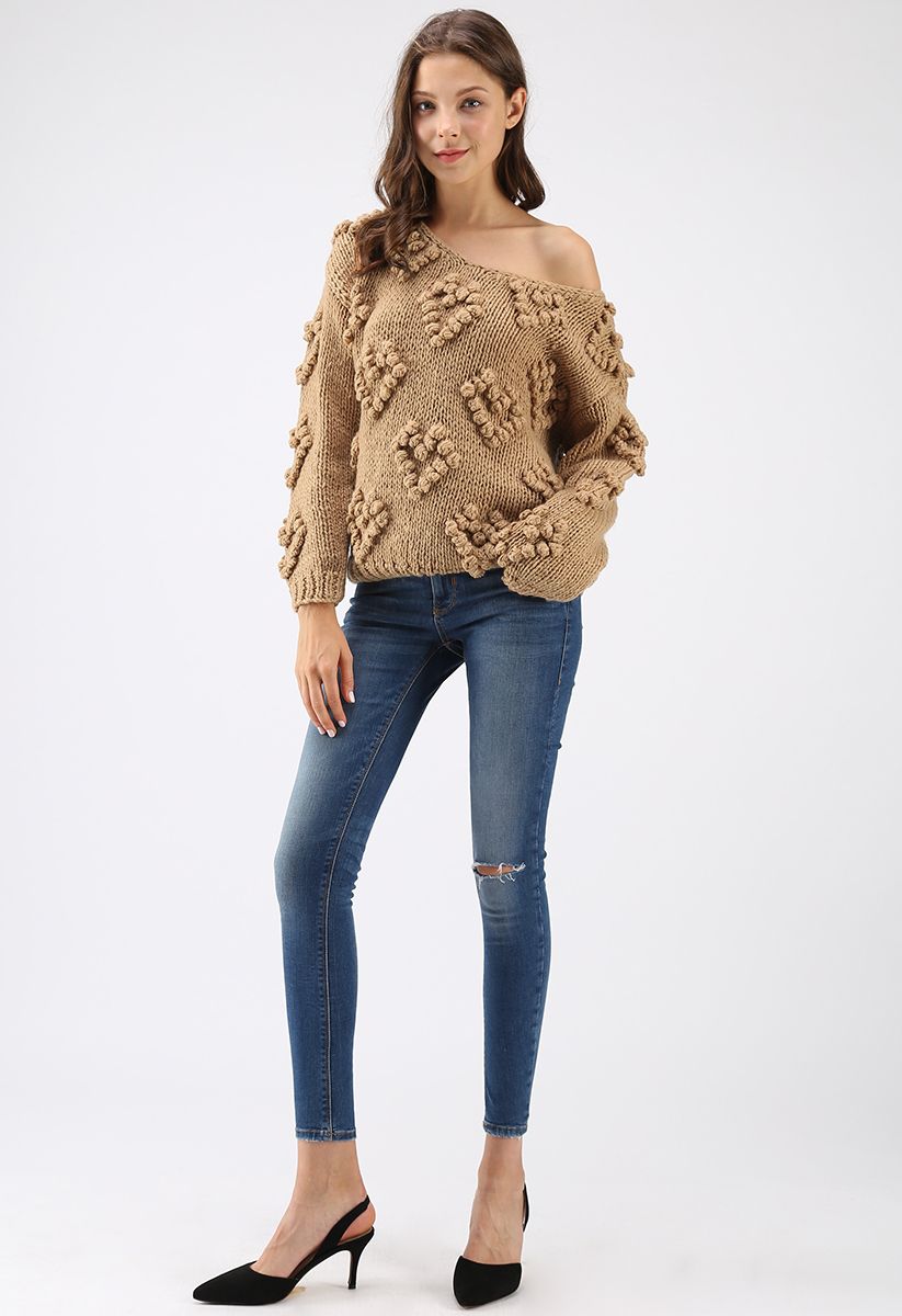 Knit Your Love V-Neck Sweater in Tan