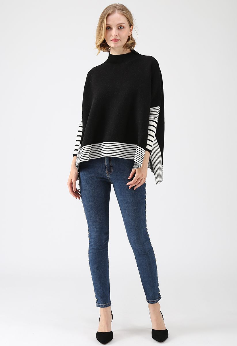 Lie in Black Fields Striped Oversize Knit Cape Sweater